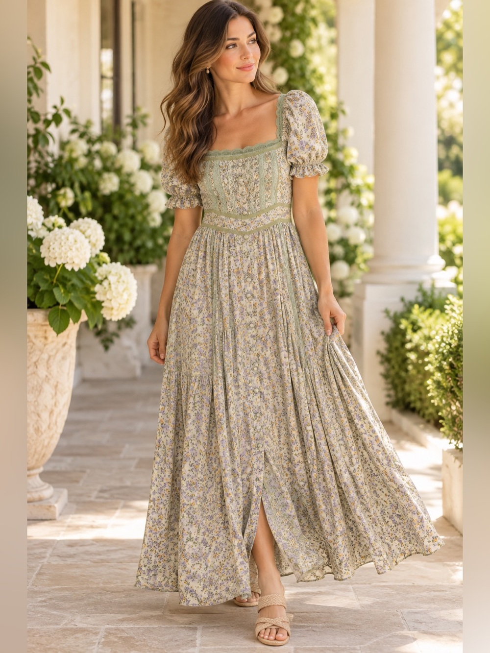 In Loom Floral Lace Trim Prairie Maxi Dress Sage Green Size M NWT